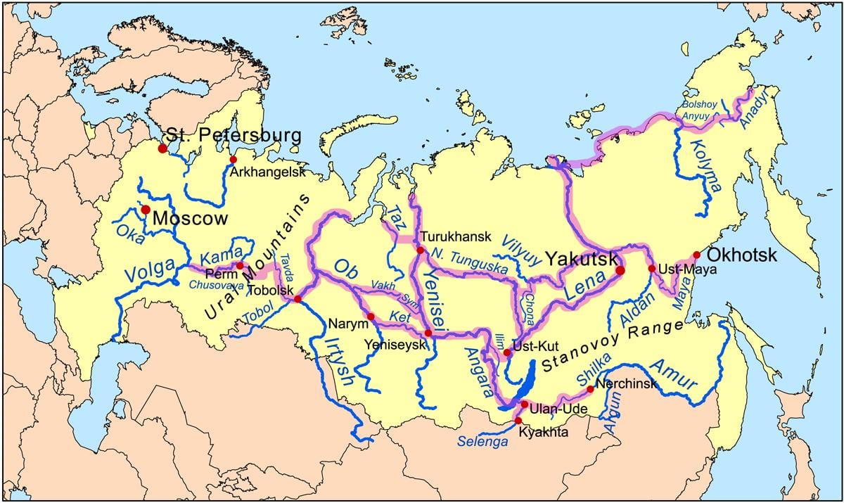 la mappa dei fiumi in Russia